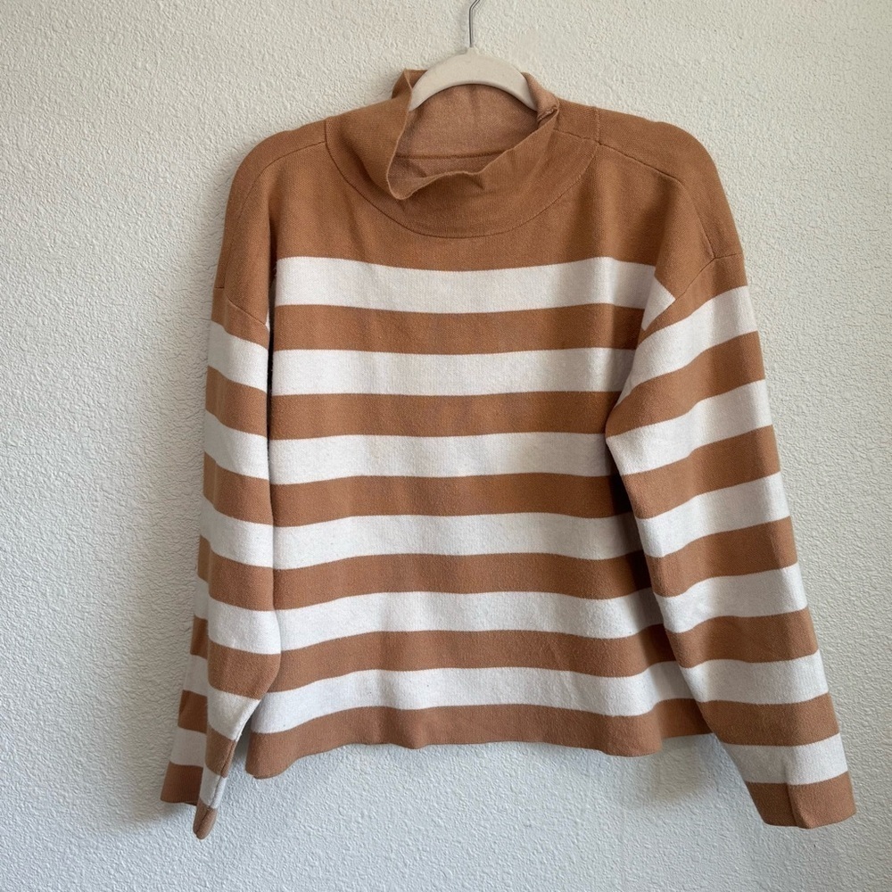 Anthropologie Maeve Womens Large Carys Mock Neck Striped Sweater Tan Minimal